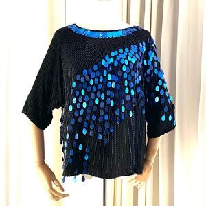 Vintage Oleg Cassini | Top | Black Beading w/Blue Paillette | Medium